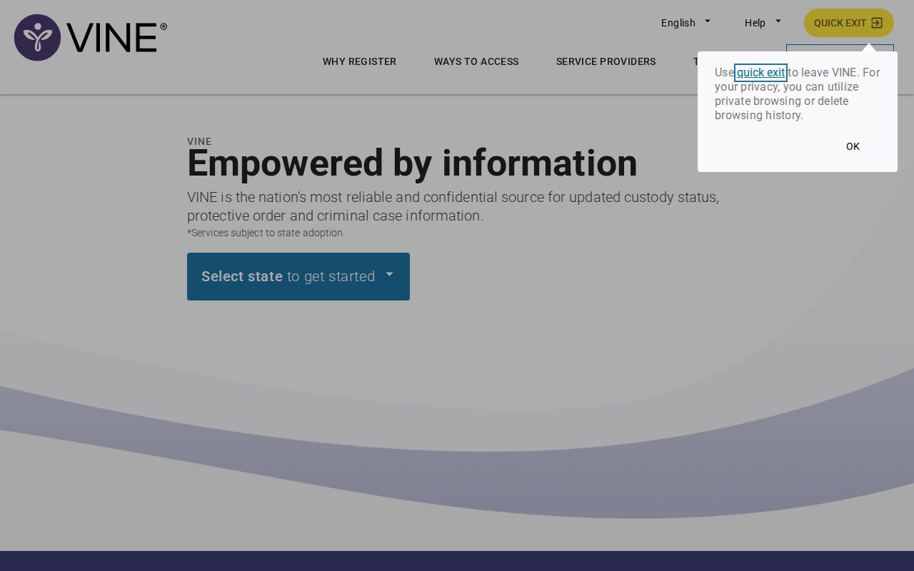 VINELink search interface with state county facility name and identification controls
