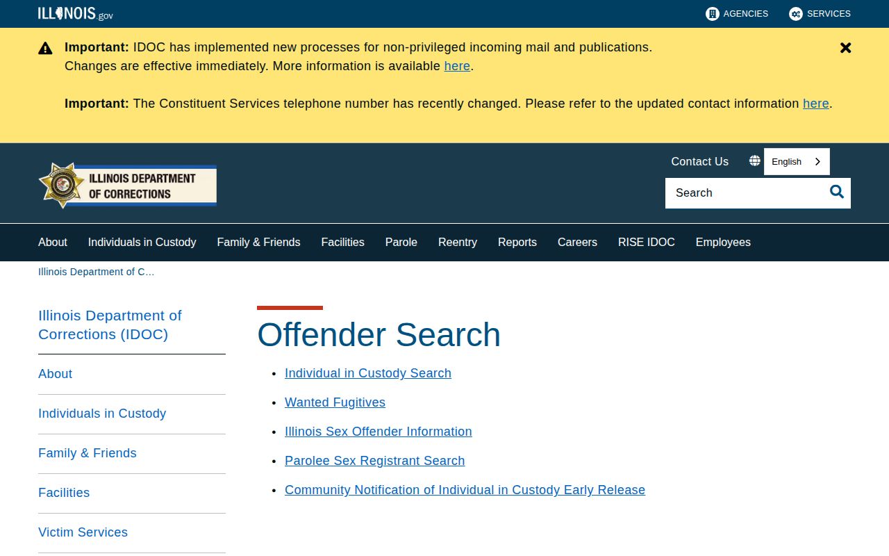 Illinois Department of Corrections offender search entry page for state prison custody